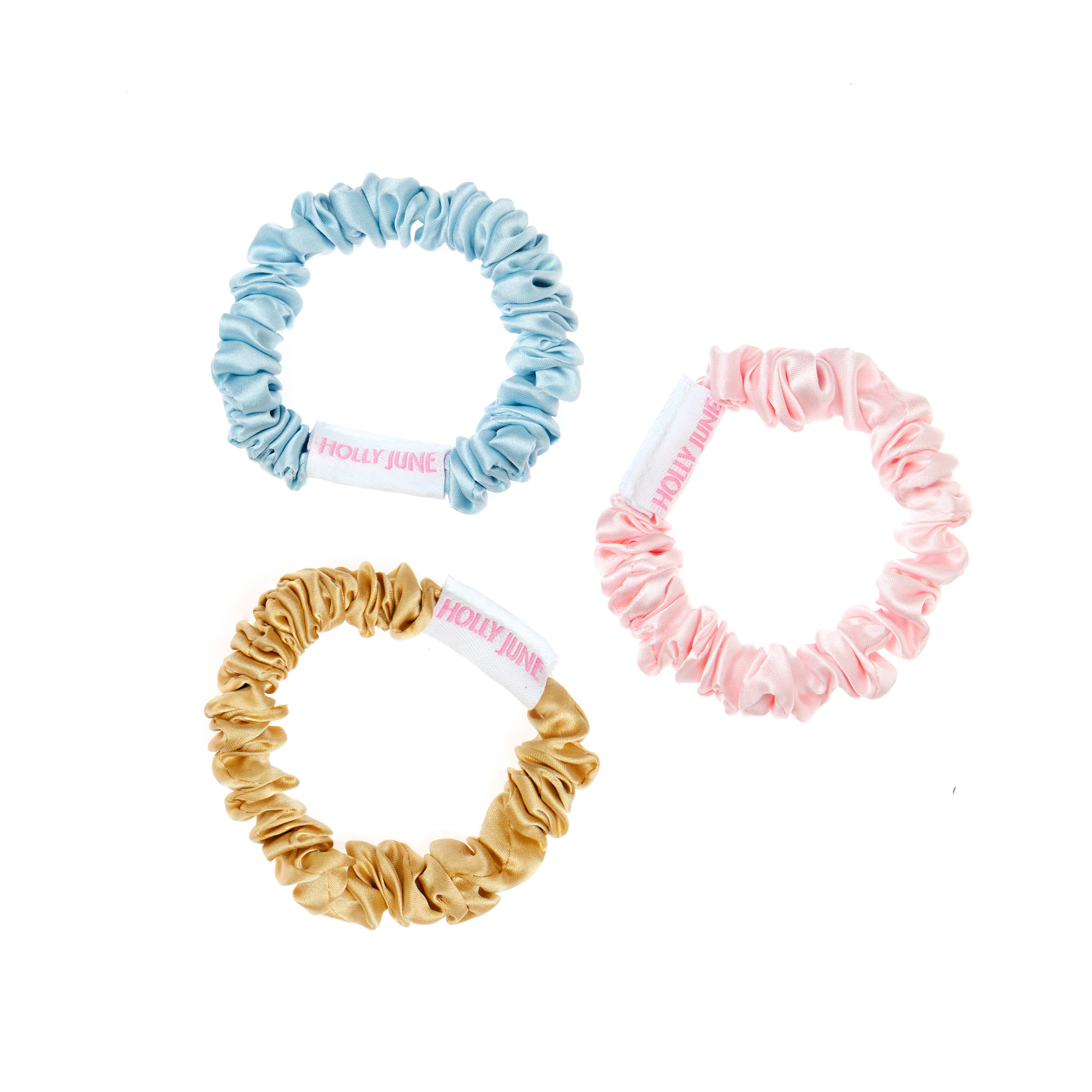 HOLLY JUNE Набор резинок Silk Hair Scrunchies – Pink, Light Blue & Beige holly june набор резинок big silk hair scrunchies – blue gray