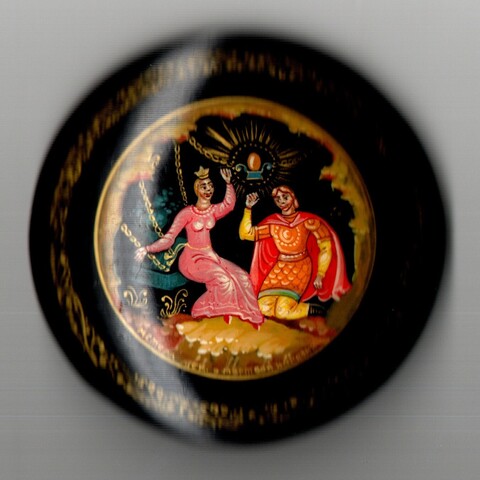 Винтажная брошь авторская Мстёра - Папье-маше - Ручная роспись - Сказка о мёртвой царевне