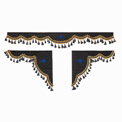 Ламбрекен 1,8м с косынками универсальные стеганые Роза Ветров (экокожа, черный, синие кисточки)