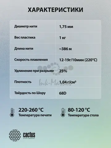 Пластик для принтера 3D Cactus CS-3D-ABS-1KG-CYAN ABS d1.75мм 1кг L386м 1цв.