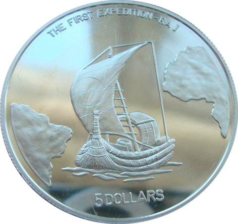 Либерия 5 долларов 1999 Корабль парусник Первая экспедиция Ра-I КПД Серебро