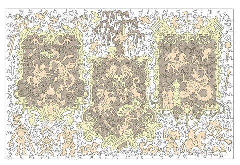 Богатыри от DAVICI - Деревянный пазл, Три Богатыря, Три былины в одной картине с деталями разных форм, в Древнерусском стеле