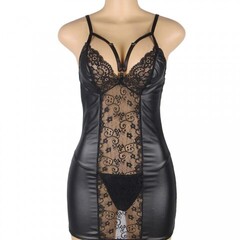 Кожаное платье с кружевом и стрепами Ohyeah Sexy Black +стринги, M-L