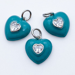 Подвеска Сердце, цвет серебро (родий)+бирюзовый, размер 13*12 мм, цена за 1 шт