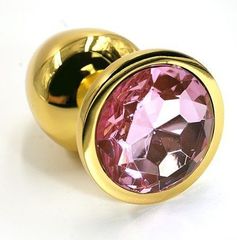 Золотистая алюминиевая анальная пробка с светло-розовым кристаллом - 6 см. - 