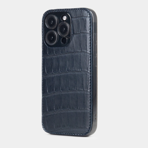 Чехол-накладка кожаная для iPhone 16 Pro, аллигатор синего цвета