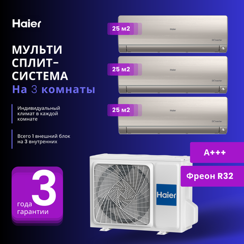 Мульти сплит-система Haier 3 Х AS25S2SF2FA-G / 3U55S2SR5FA на 3 комнаты 25+25+25 м2