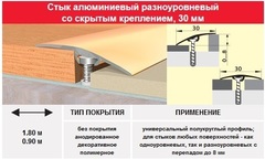 Порог- стык 30 мм, 1.35м (скрытое крепление) цвет: серебро, золото