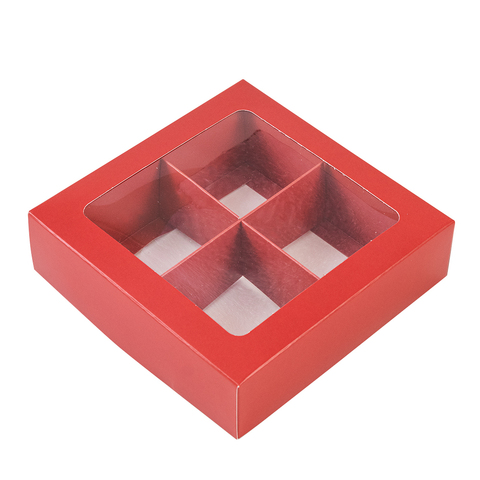 Коробка для 4 конфет с разделителями, Красная с окном