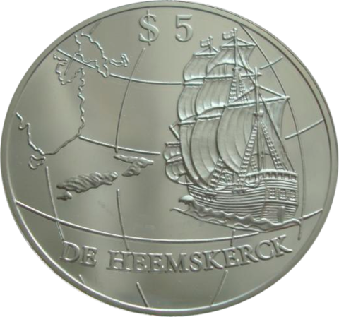 Новая Зеландия 5 долларов 1996 Корабль парусник Хемскерк СЕРЕБРО