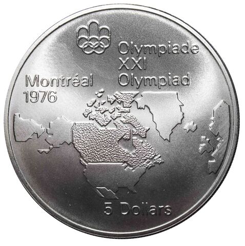 5 долларов 1973. Канада (XXI летние Олимпийские Игры, Монреаль 1976 - Карта Канады). AU. Серебро