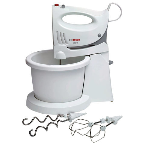 Миксер BOSCH MFQ3555, мощность 350 Вт, 5 скоростей, 2 венчика, 2 крюка для теста, подставка с чашей, белый