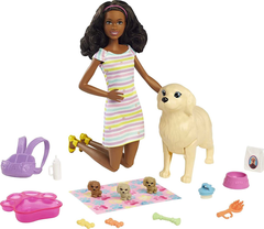 Игровой набор Barbie кукла Барби брюнетка, собачка и 3 новорожденных щенка