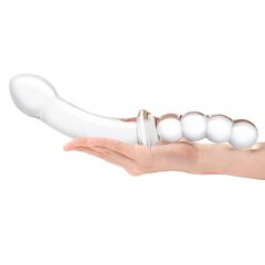 Стеклянный двусторонний фаллоимитатор 12,5’’ Girthy Double Sided Dong With Anal Bead Grip Handle - 32 см. - 
