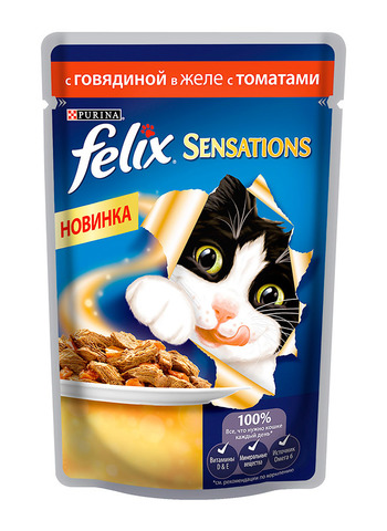 Felix Sensation пауч для кошек с говядиной и томатом в желе 85 г