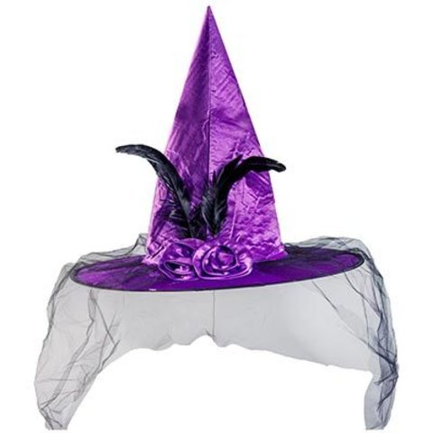 Шляпа ведьмы перо/вуаль фиолетовая 42см
