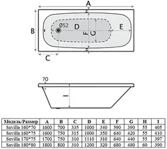 Ванна акриловая APPOLO Sevilla прямоугольная 170*75 с ножками
