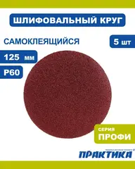 Круги шлифовальные на липкой основе ПРАКТИКА БЕЗ отверстий 125 мм, P 60 (5шт.) (919-167)