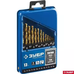 ЗУБР ТИТАН, 13 шт, (1.5-6.5 мм), сталь Р6М5, класс А, титановое покрытие, набор сверл по металлу, Профессионал (29615-H13)