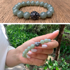 Браслет "Хотэй". Нефрит Цвета морской волны. Бусины 12 мм.