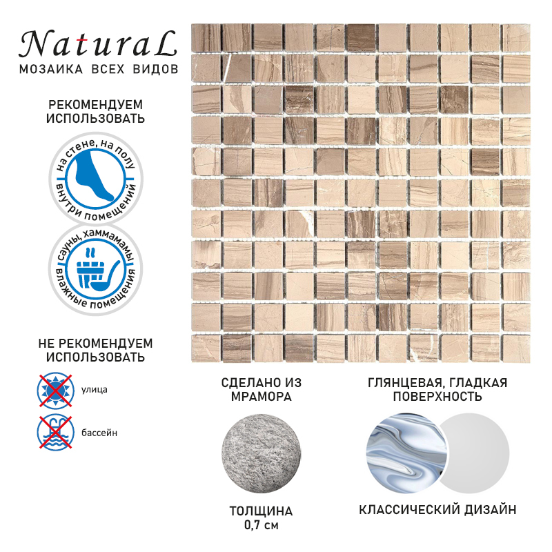 7M034-25P Мозаика из натурального мрамора Natural Adriatica серый светлый квадрат глянцевый