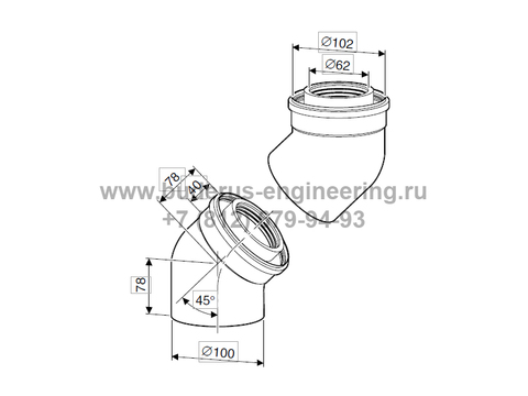 Колено угловое коаксиальное 45гр DN80/125 для котла Buderus Logamax Plus GB172i