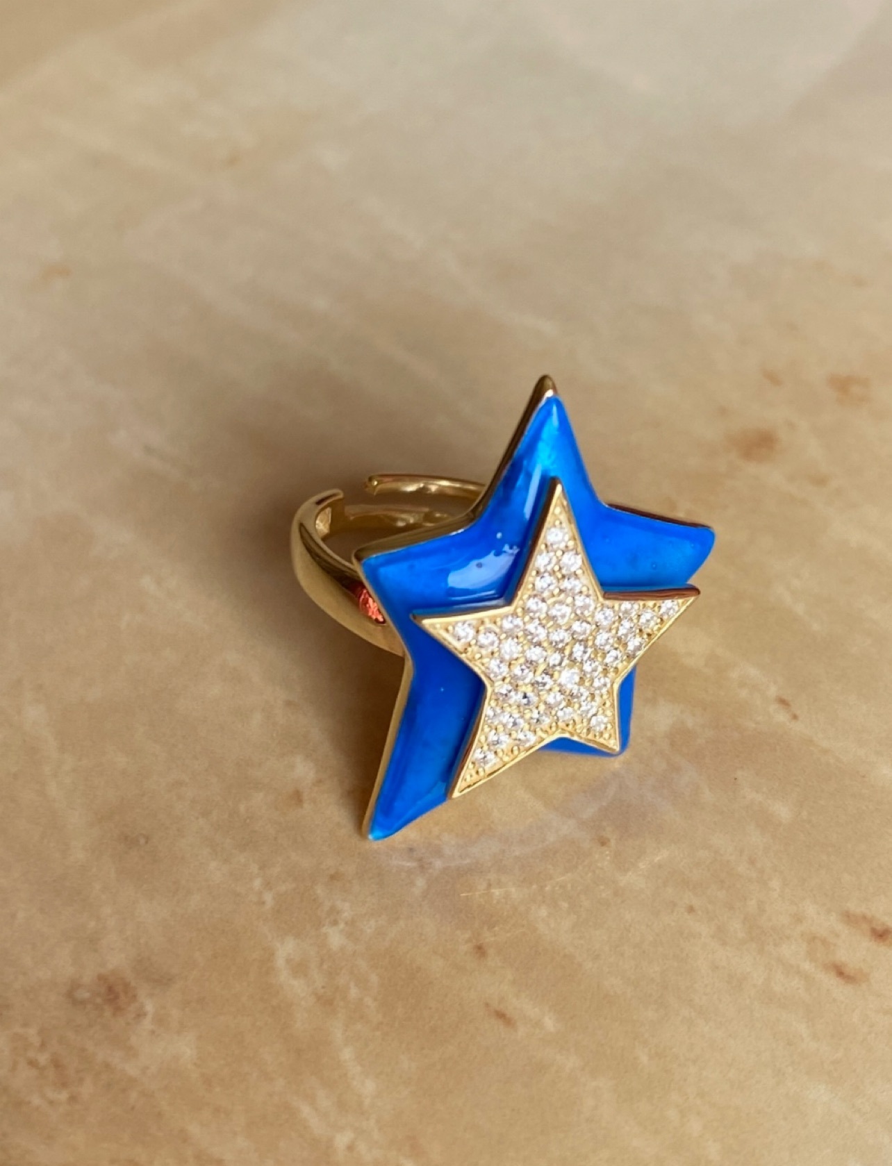 Кольцо Звезда, позолота 18К, синяя эмаль