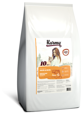 Сухой корм для кошек Karmy для здоровья кожи и блеска шерсти, с лососем 10 кг
