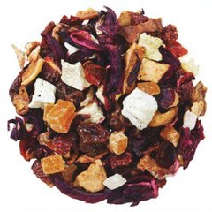 Кусочки яблок, лепестки каркаде, кожура шиповника, цукаты ананаса, папайя, ягоды малины, вишни, черного винограда.