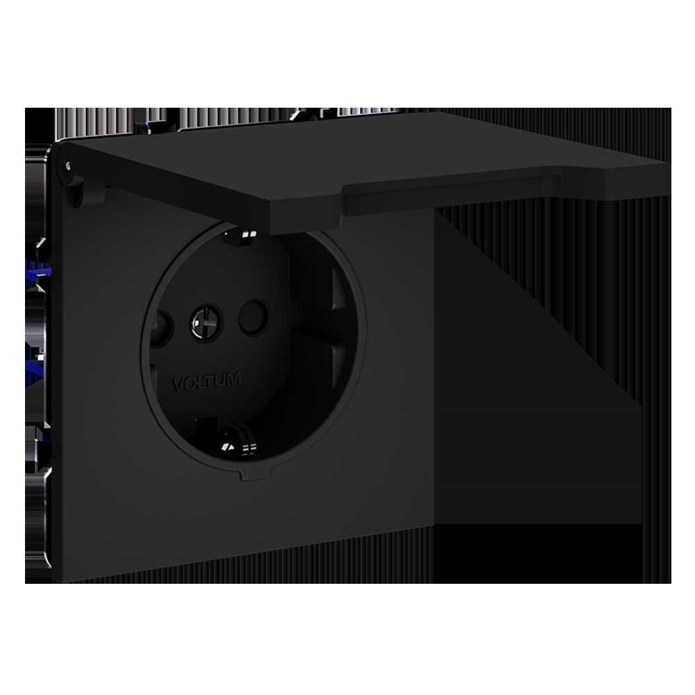 Розетка встраиваемая Voltum S70 с заземлением, защитными шторками и крышкой 16А, (черный матовый) VLS040308