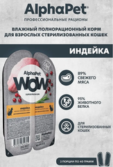 Влажный полнорационный корм для кошек AlphaPet WOW (АльфаПет) индейка ломтики в соусе для стерилизованных кошек, 80гр. В комплекте 15 шт