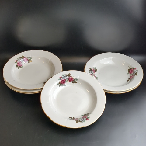 Тарелки фарфоровые суповые набор из 6 штук позолота, цветочный декор, d-19.5 см винтаж СССР 1974-1191 год