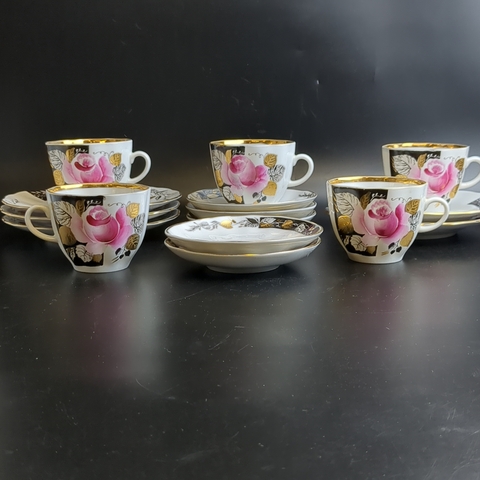 Кофейное трио набор из 5 штук, 15 предметов, фарфор, из сервиза "Роза в вечернем саду" ЛФЗ, роспись, золочение, винтаж сделано в СССР 1965-1990 гг