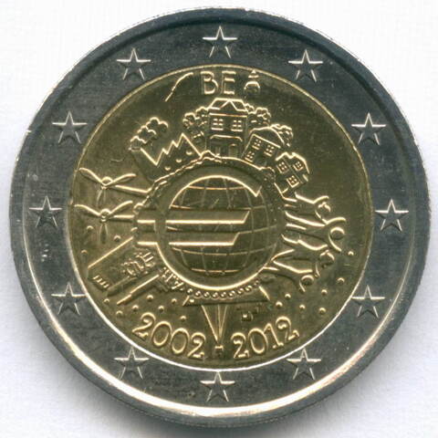 2 евро 2012 год. Бельгия. 10 лет наличному евро. Биметалл XF-AU