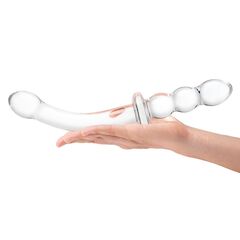 Изогнутый стеклянный фаллоимитатор 12’’ Girthy Ribbed G-Spot Glass Dildo With Handle Grip Double Ended - 30 см. - 