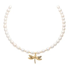 Чокер из натурального Жемчуга с подвеской Стрекоза, gold