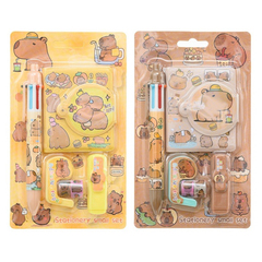 
          Канцелярский набор Basir с цветным текстовыделителем, 6-ти цветной ручкой, скотчем и блокнотом, серия "Капибара", ассорти, 19.5*11.5 см