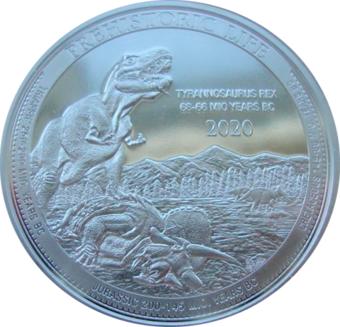 Конго 20 франков 2020 Тираннозавр Рекс Динозавр Ящерица Tyrannosaurus Rex Мезозойская эра Серебро