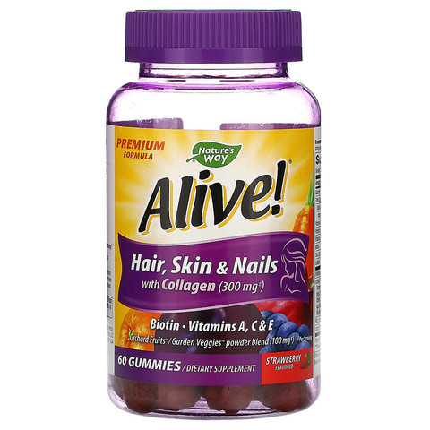 Nature's Way, Alive! Для волос, кожи и ногтей; содержит коллаген; вкус клубники, 60 жевательных конфет