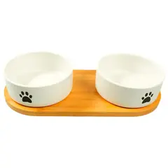 Mr.Kranch миска керамическая белая двойная на бамбуковой подставкMr.Kranch миска на подстае 2х350 мл