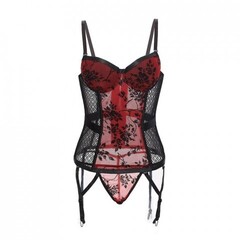 Комплект: корсет с трусиками красные с цветочным принтом