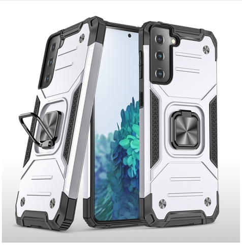 Противоударный чехол Strong Armour Case с кольцом для Samsung Galaxy S21 FE (Серебро)