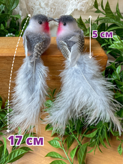 Птички серые с красной грудкой, на зажиме, перьевые, 16*4*5 см, набор 2 шт.