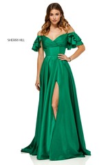 Красное платье Sherri Hill 52469 в пол с разрезом  и вырезом на плечах