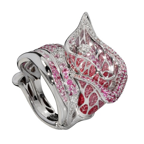 Кольцо с Розовыми Сапфирами и Бриллиантами, Эмаль, R0275-7/1