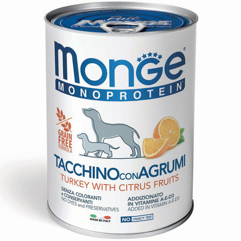 Monge Dog Monoprotein Fruits для собак паштет из индейки с цитрусовыми, банка (400 г)