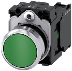Кнопка, 22mm, круглая, металлическая глянцевая, зелёная, SIEMENS 3SU1150-0AB40-1BA0