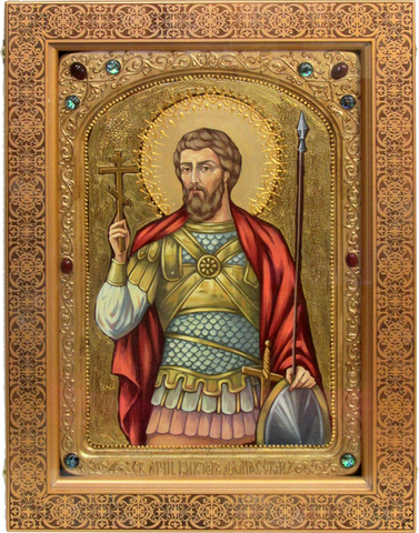 Большая Живописная икона Святой мученик Виктор Дамасский 42х29см на кипарисе в березовом киоте