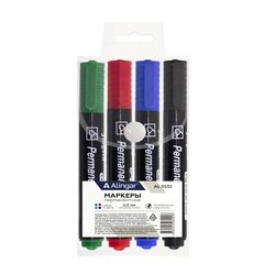 
          Набор маркеров 4 цвета, Alingar, перманентный, пулевидный, 2 мм, черный корпус, 4 шт/уп, упаковка ПВХ с кнопокой, европодвес