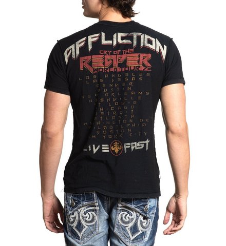 Affliction | Футболка двусторонняя мужская FACE MELTING LOUD A22257 спина на модели